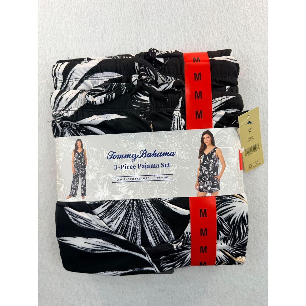Tommy Bahama Womens 3-Piece Pajama Set Black White Tropical Palm Medium new